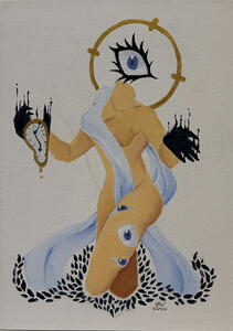 Artwork of a surreal entity, made with acrylic paint on canvas. The entity has a singular eye replacing a human head, a feminine body draped with white cloth, dark hands, and three eyes on their left thigh. A melting clock is held on their right hand.